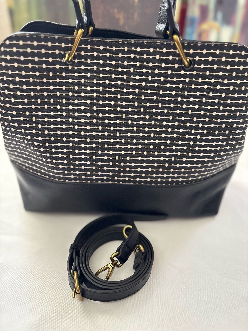 Fossil Convertible Black and White Pattern Satchel with Gold Hardware - Picture 5 of 16